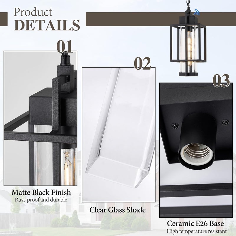 Osimir Outdoor Pendant Light, 16" Dusk to Dawn Exterior Chandelier Porch Hanging Light with Clear Glass, Modern Black Outdoor Hanging Lantern for Porchs Gazebo, OS-KY1006 - Image 3